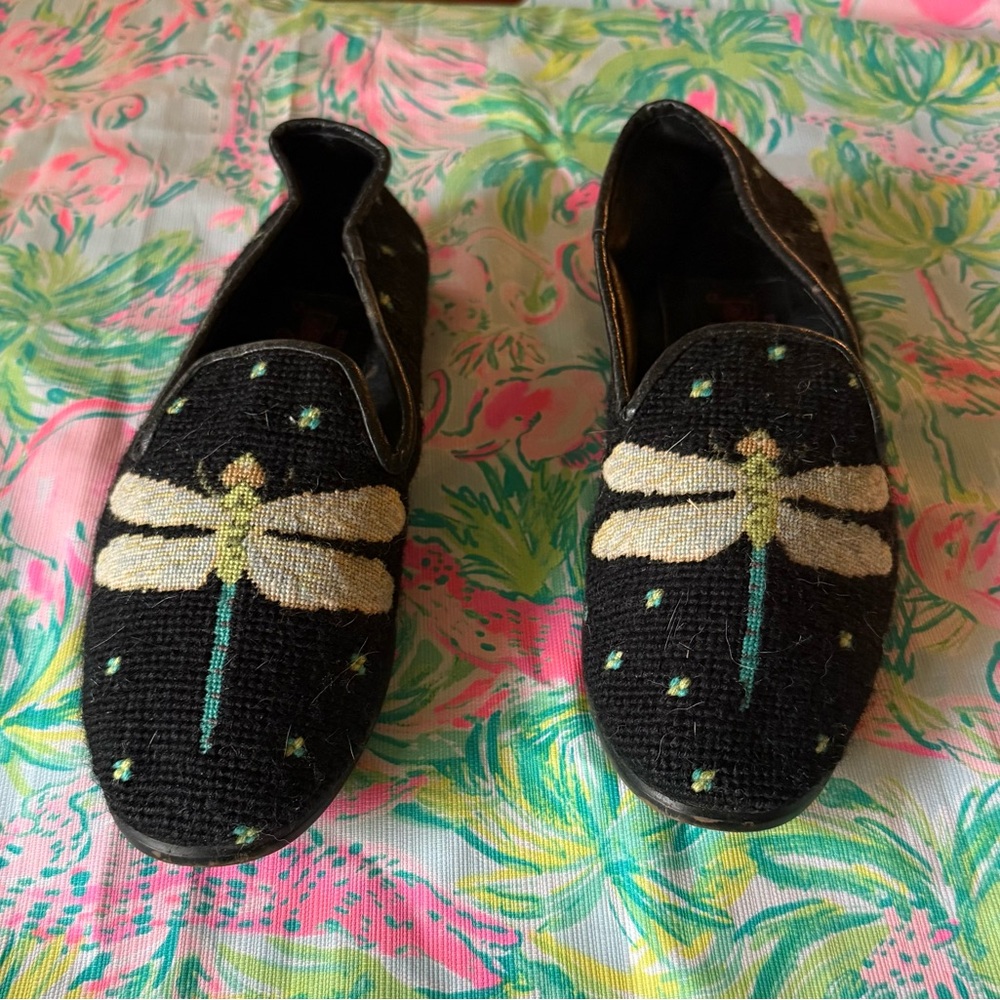 Needlepoint Shoes By Paige Black Loafers with Dragonfly Design